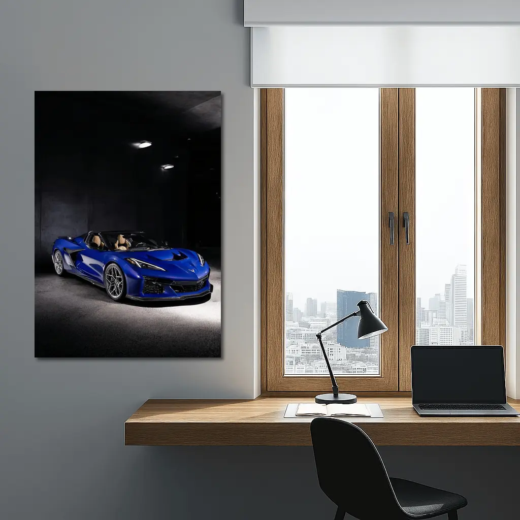 Chevrolet Corvette Blue Convertible Dark Garage – Wall Art