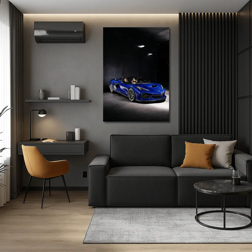 Chevrolet Corvette Blue Convertible Dark Garage – Wall Art
