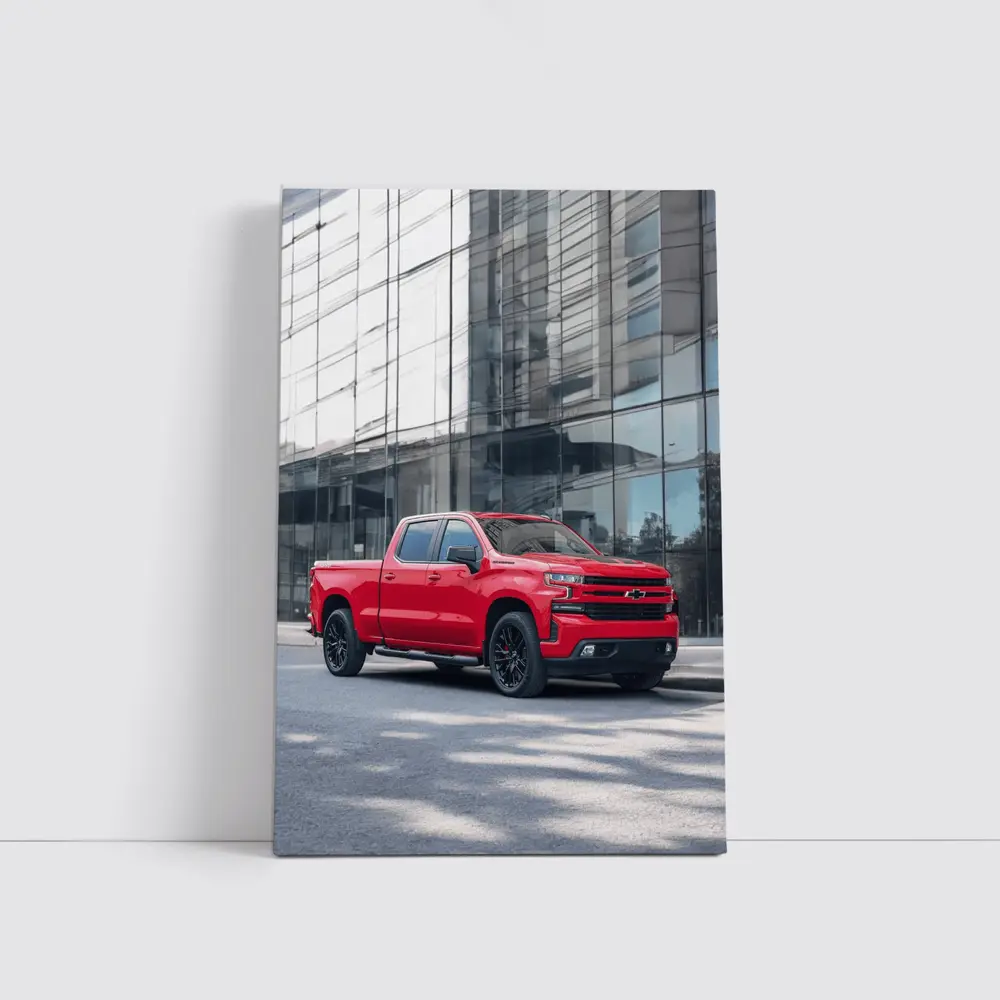 Red Chevrolet Silverado Parked by Glass Building – Wall Art