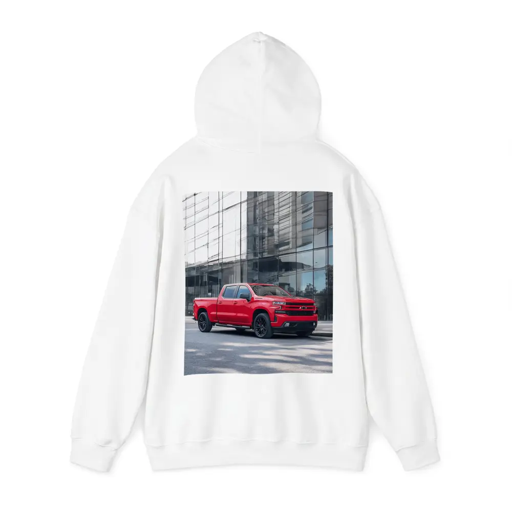Red Chevrolet Silverado Parked by Glass Building – Hoodies