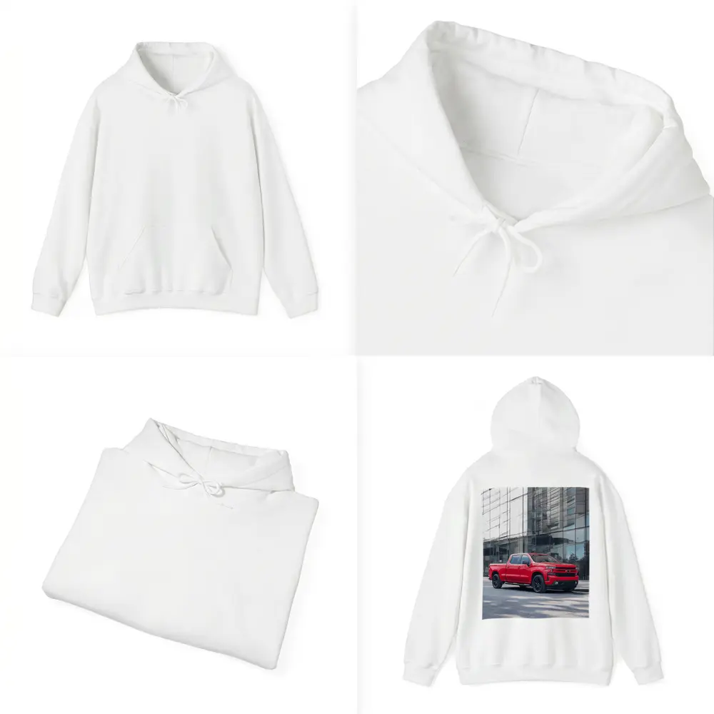 Red Chevrolet Silverado Parked by Glass Building – Hoodies
