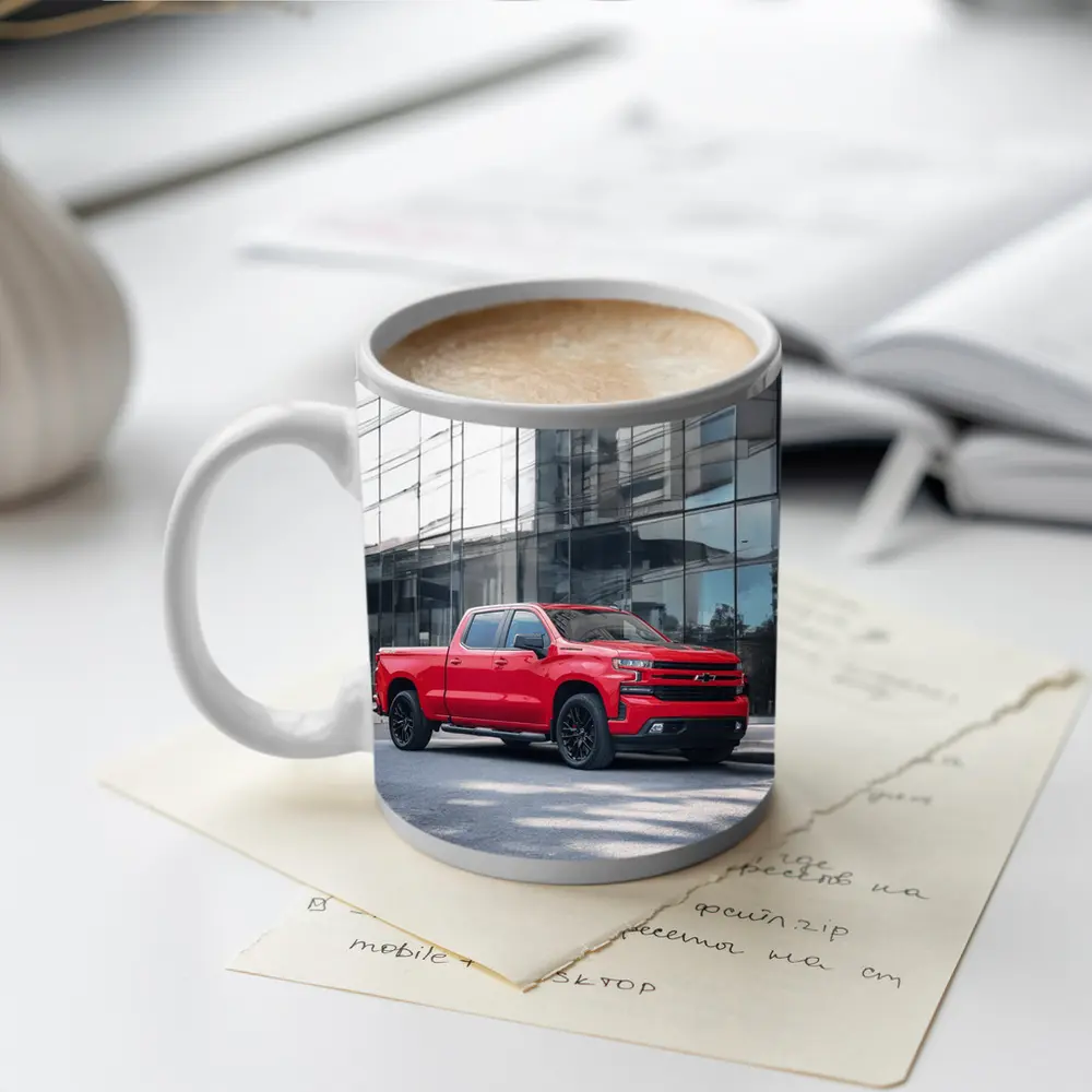 Red Chevrolet Silverado Parked by Glass Building – Mugs