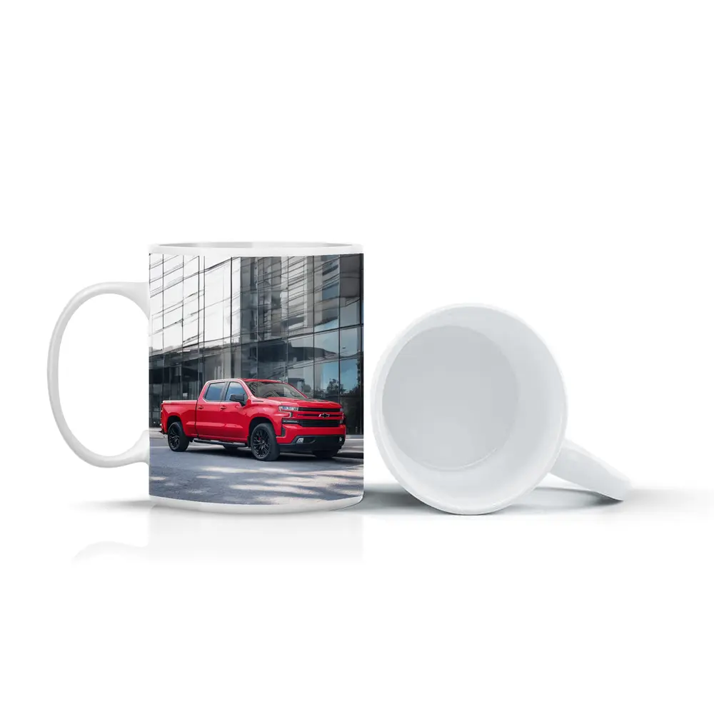 Red Chevrolet Silverado Parked by Glass Building – Mugs