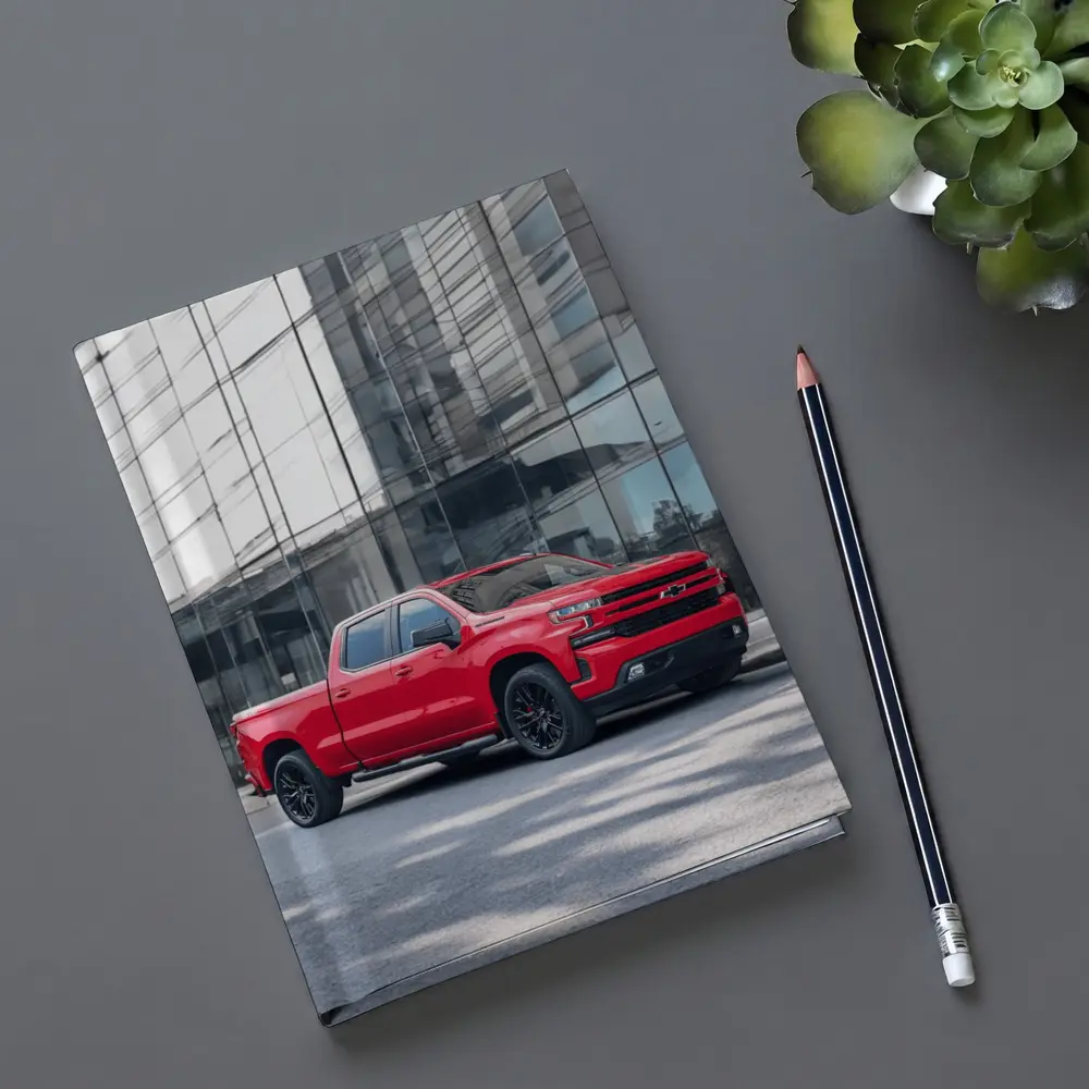 Red Chevrolet Silverado Parked by Glass Building – Notebooks