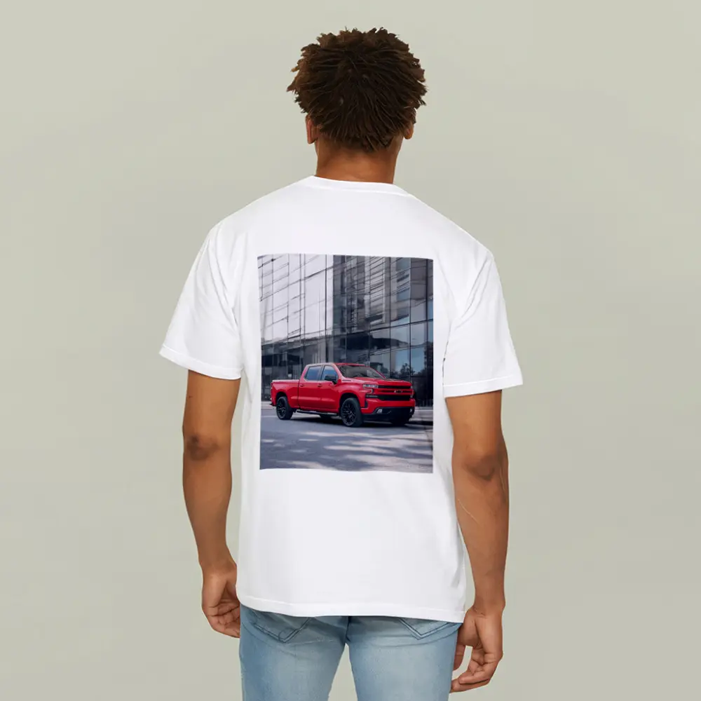 Red Chevrolet Silverado Parked by Glass Building – T-Shirts