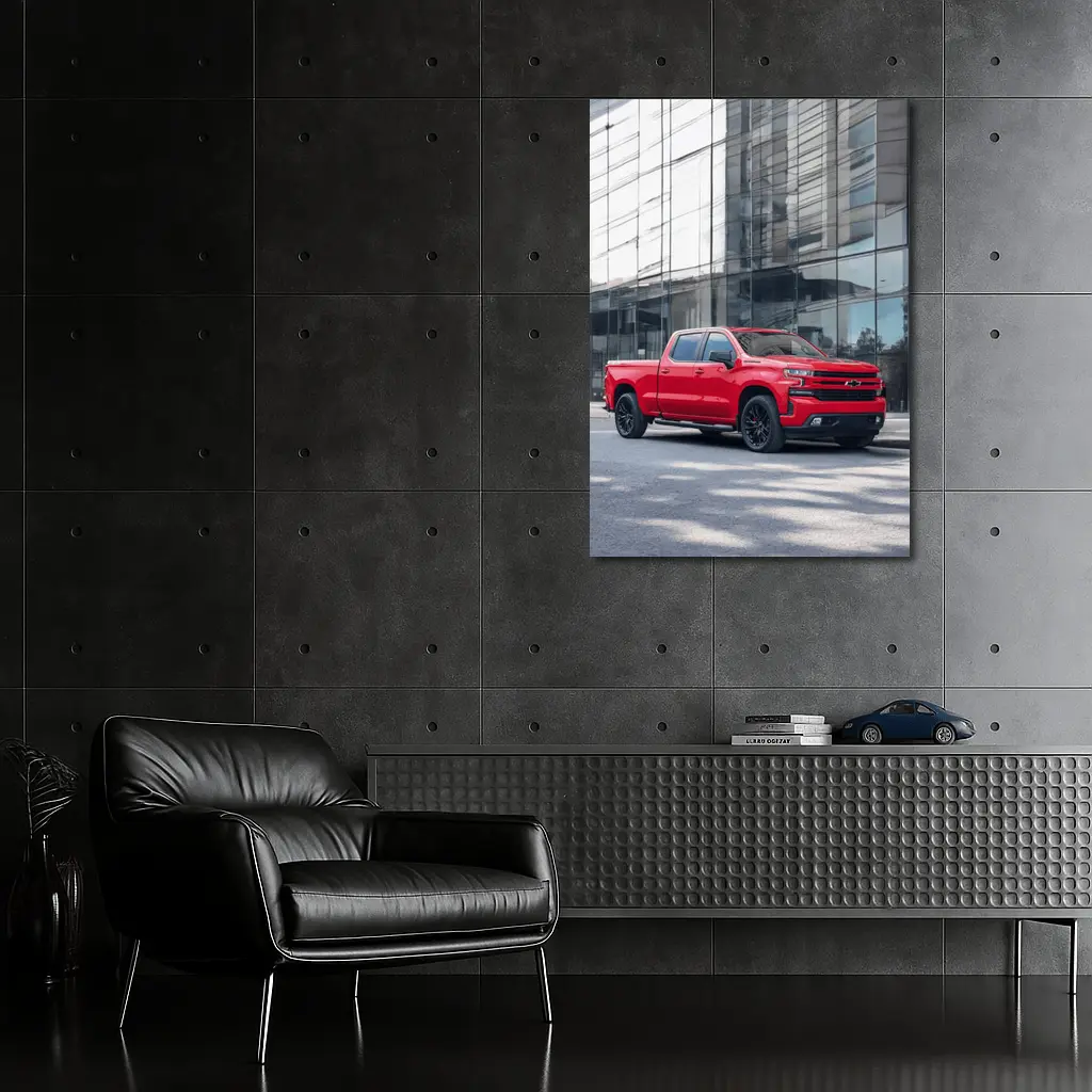 Red Chevrolet Silverado Parked by Glass Building – Wall Art