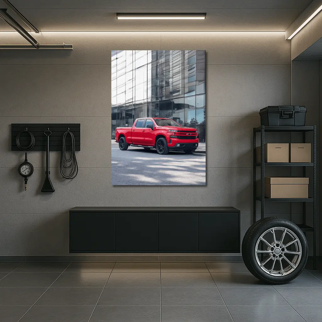 Red Chevrolet Silverado Parked by Glass Building – Wall Art