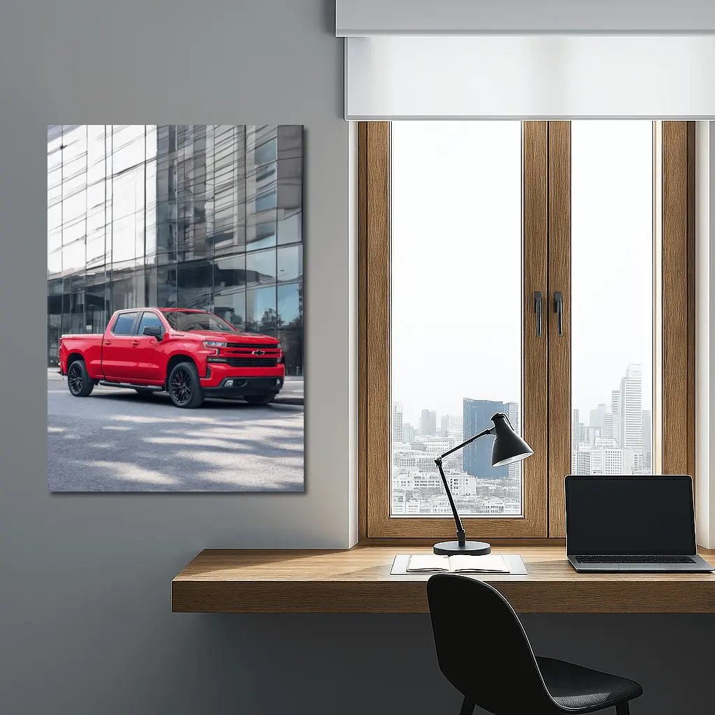 Red Chevrolet Silverado Parked by Glass Building – Wall Art