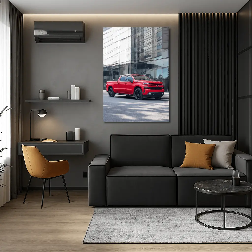 Red Chevrolet Silverado Parked by Glass Building – Wall Art