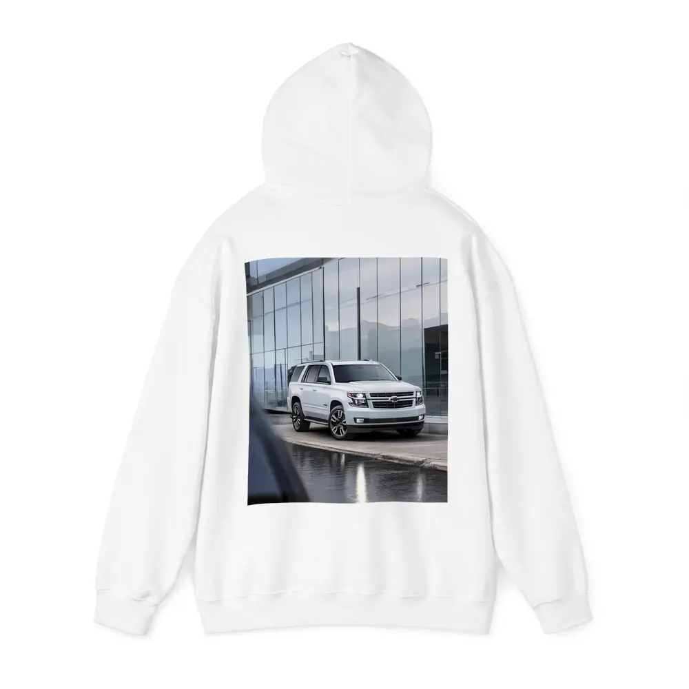 Chevrolet Tahoe White SUV Glass Building – Hoodies