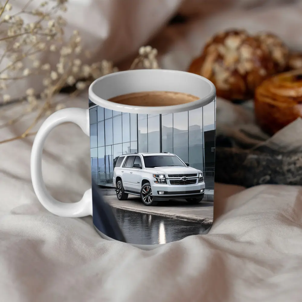Chevrolet Tahoe White SUV Glass Building – Mugs