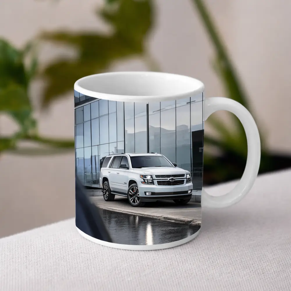 Chevrolet Tahoe White SUV Glass Building – Mugs