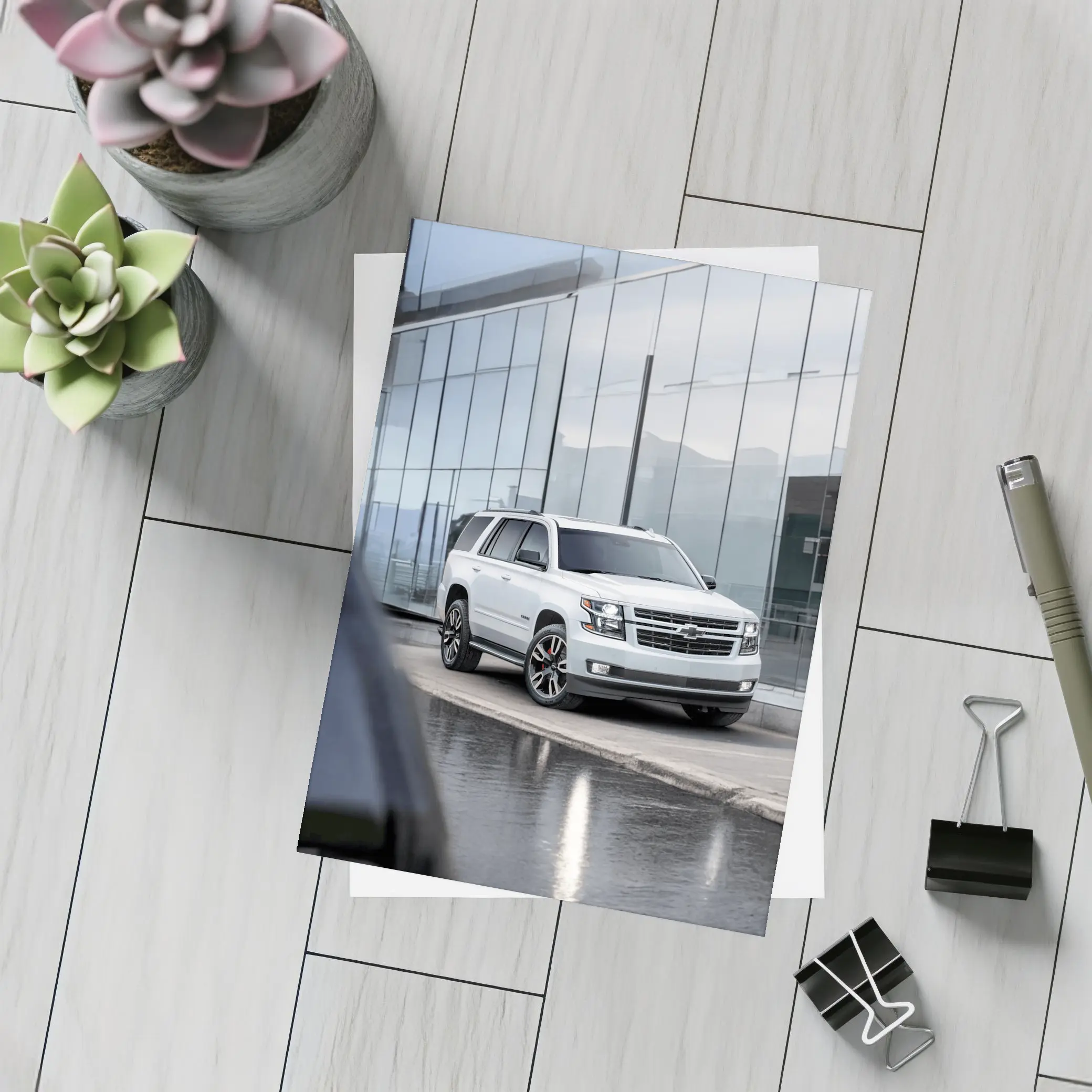 Chevrolet Tahoe White SUV Glass Building – Postcards