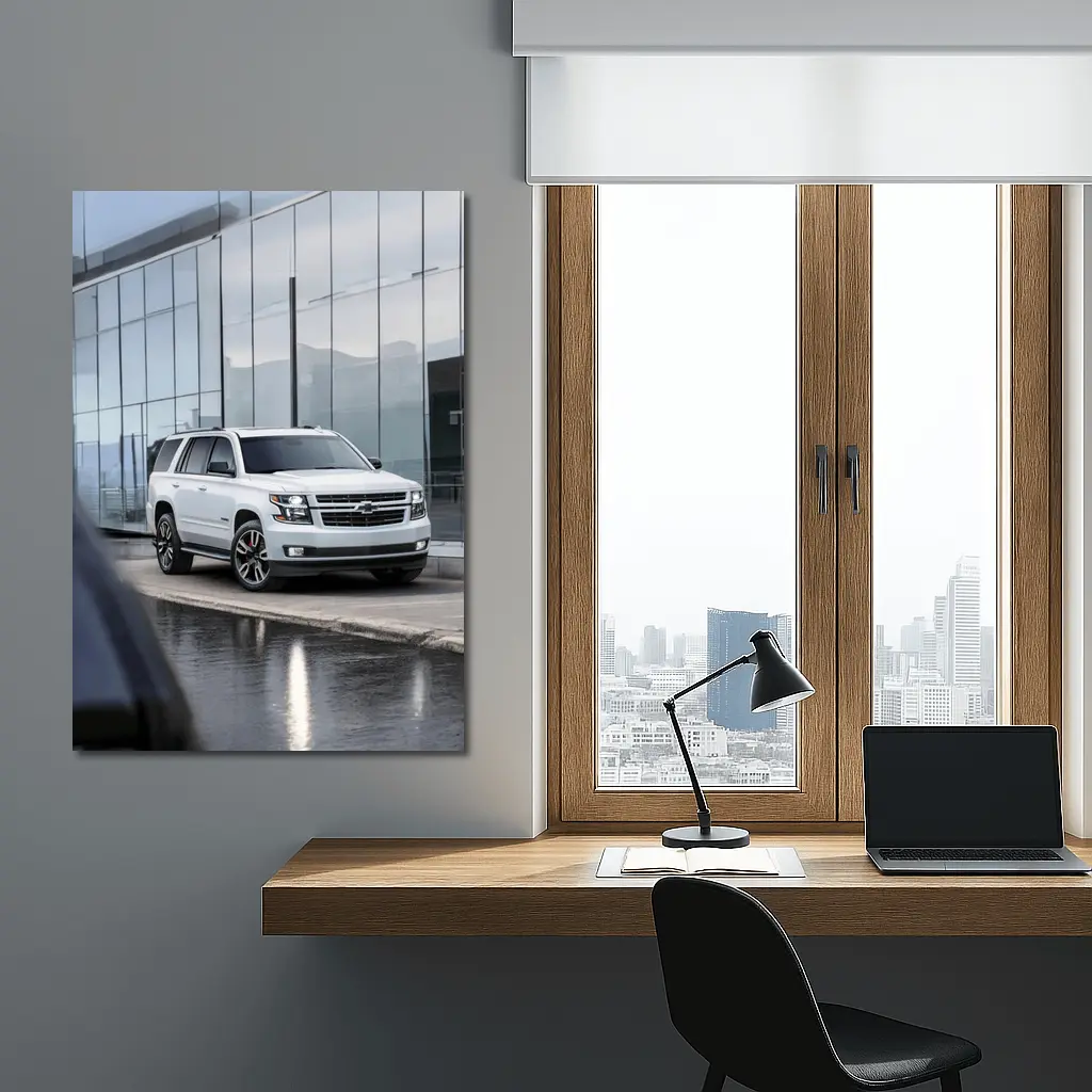 Chevrolet Tahoe White SUV Glass Building – Wall Art