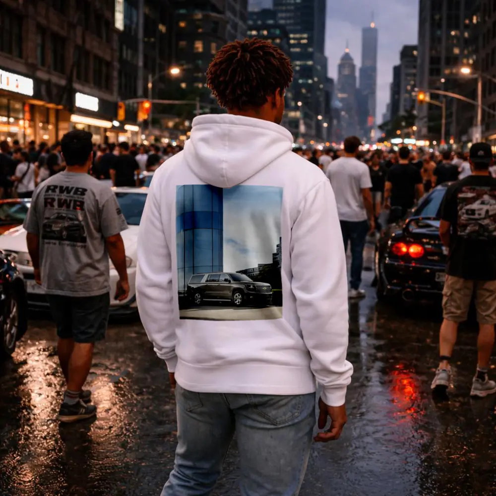 Chevrolet Suburban Parked Outside Glass Building – Hoodies