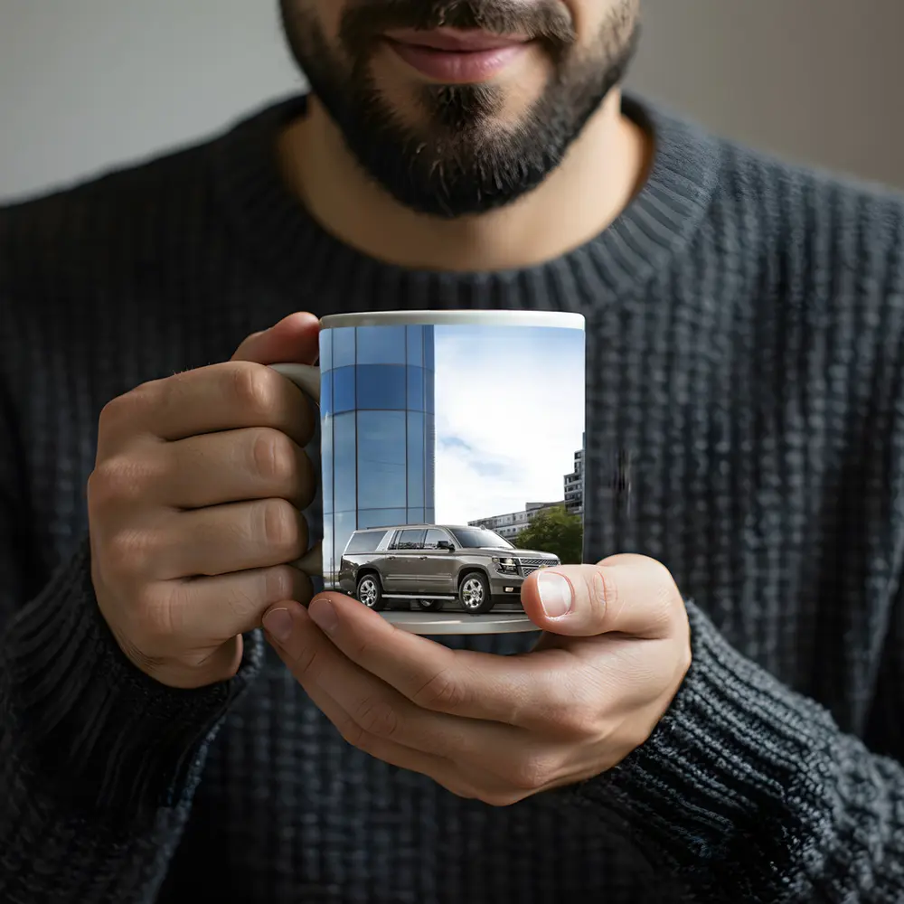 Chevrolet Suburban Parked Outside Glass Building – Mugs