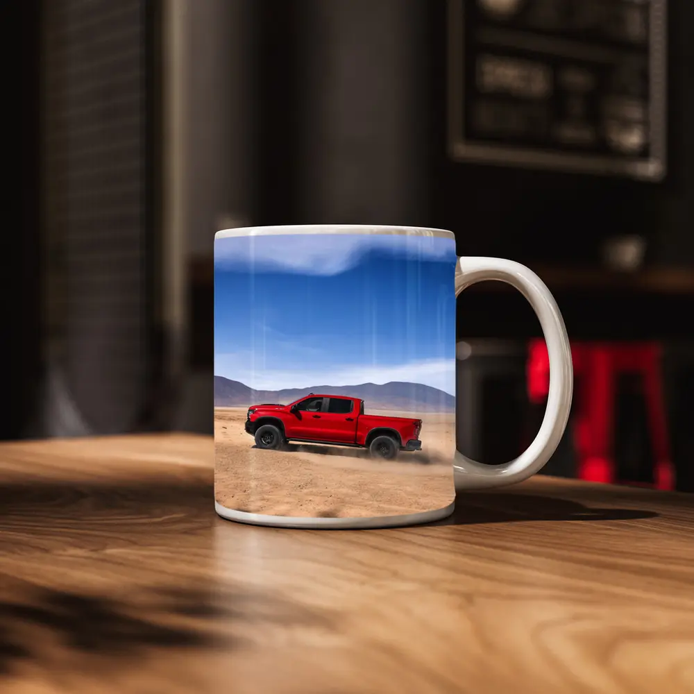Chevrolet Silverado Red Truck Desert Landscape – Mugs