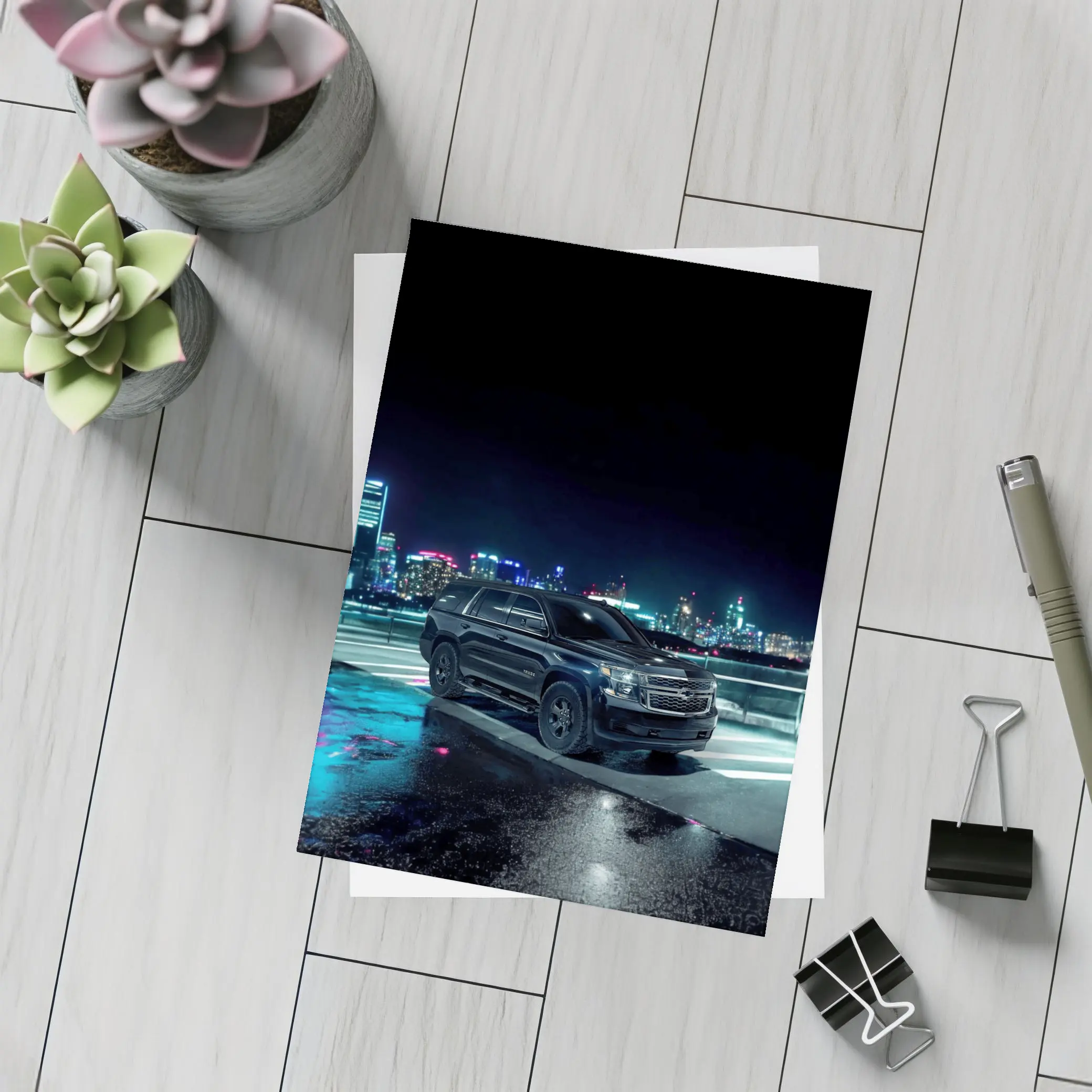 Chevrolet Tahoe Black SUV City Night – Postcards