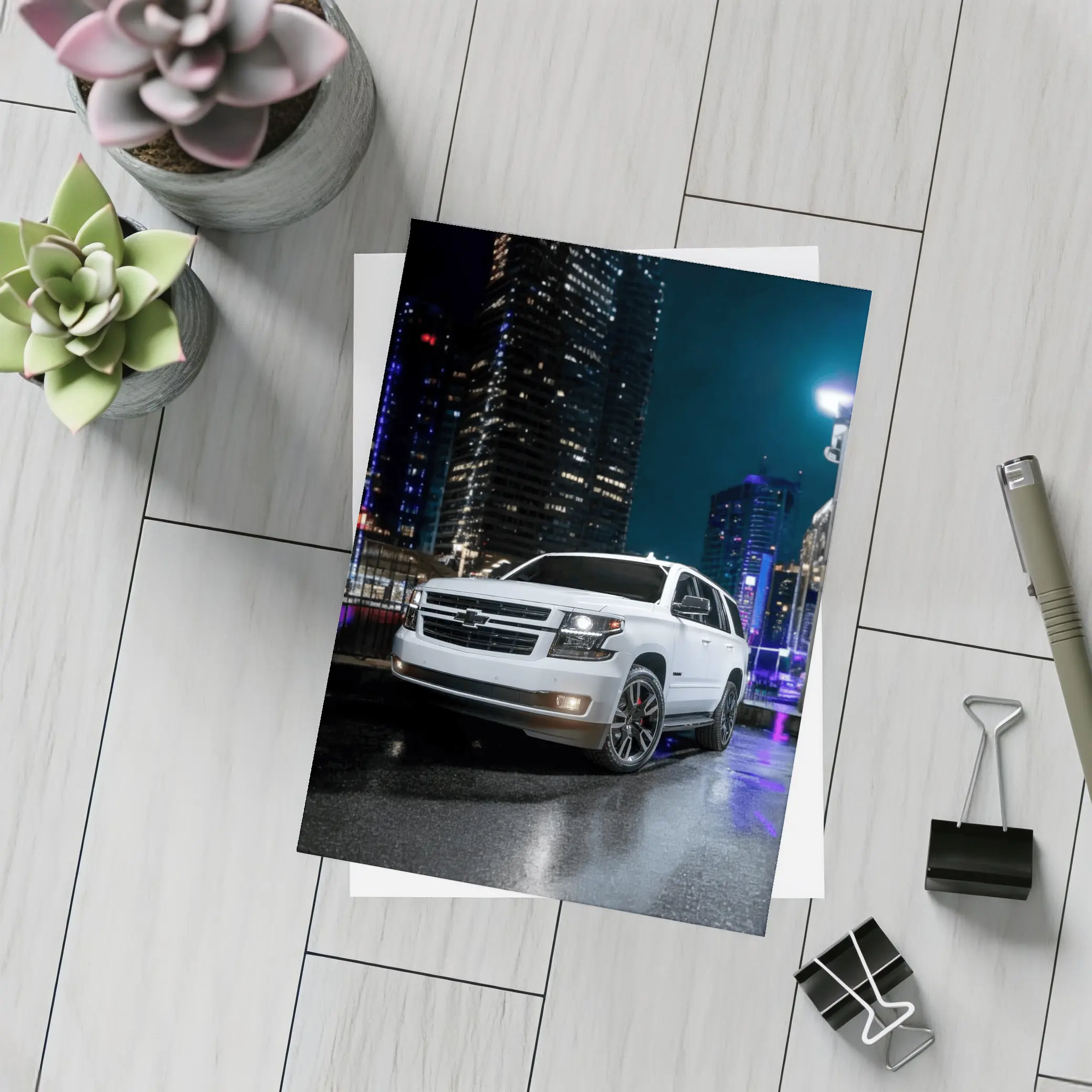 Chevrolet Tahoe White SUV City Night – Postcards