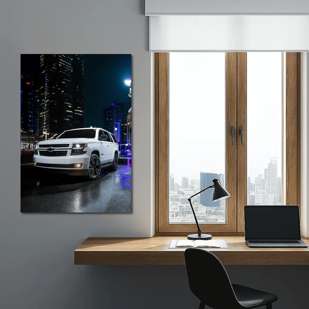 Chevrolet Tahoe White SUV City Night – Wall Art