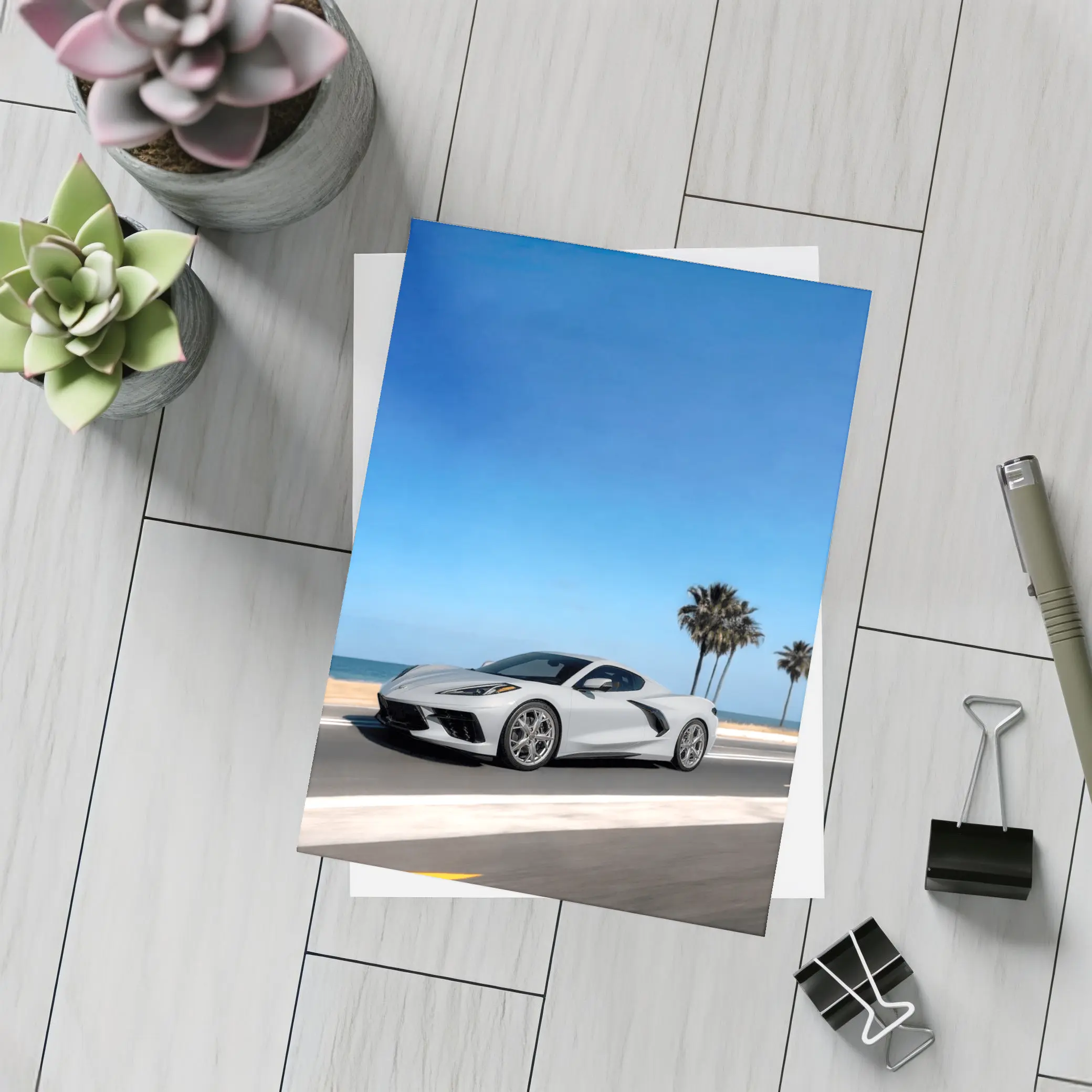 Chevrolet Corvette White Coastal Road Drive – Postcards