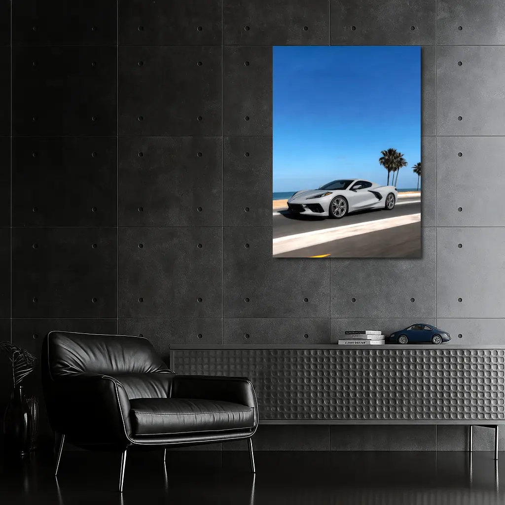 Chevrolet Corvette White Coastal Road Drive – Wall Art