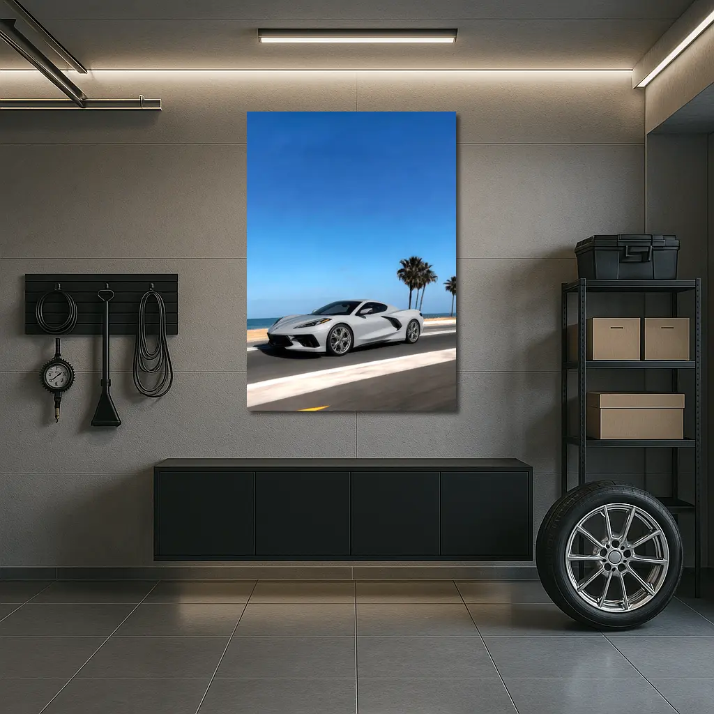 Chevrolet Corvette White Coastal Road Drive – Wall Art