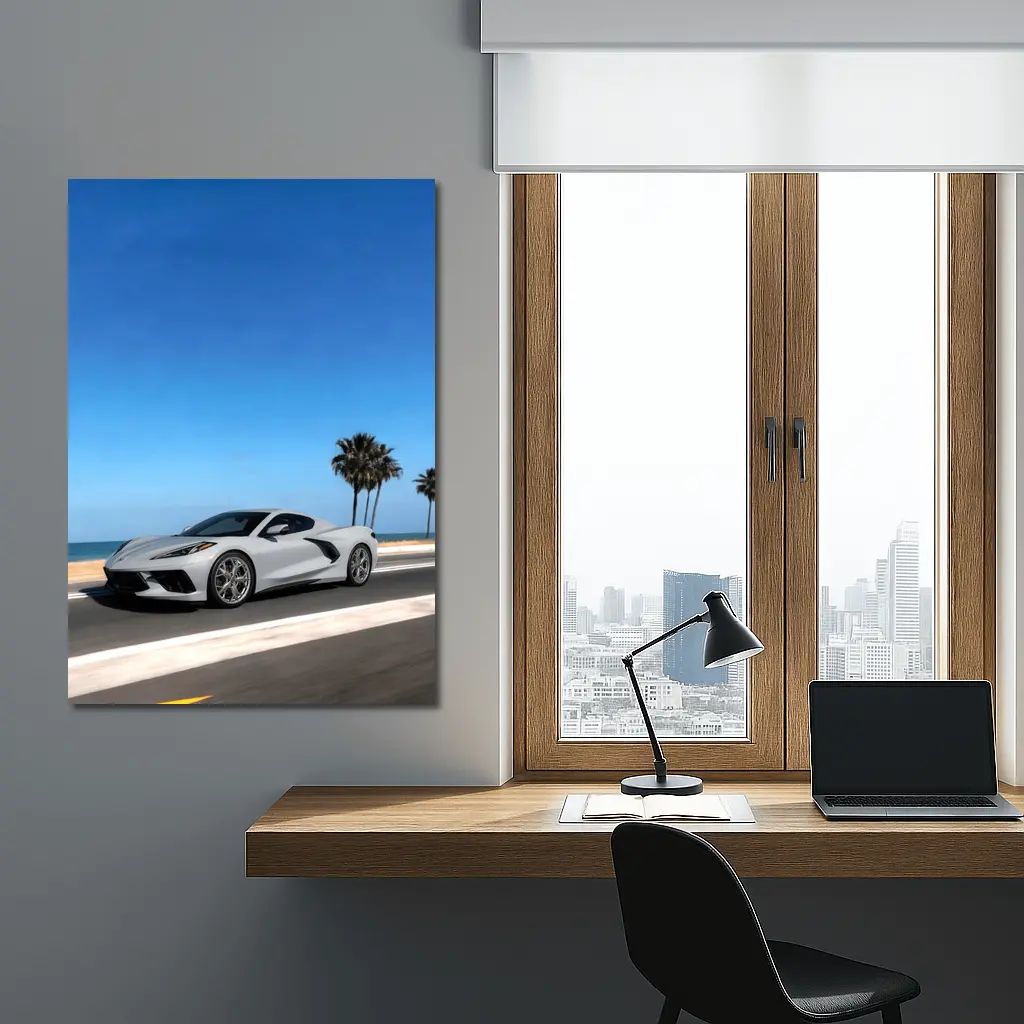 Chevrolet Corvette White Coastal Road Drive – Wall Art
