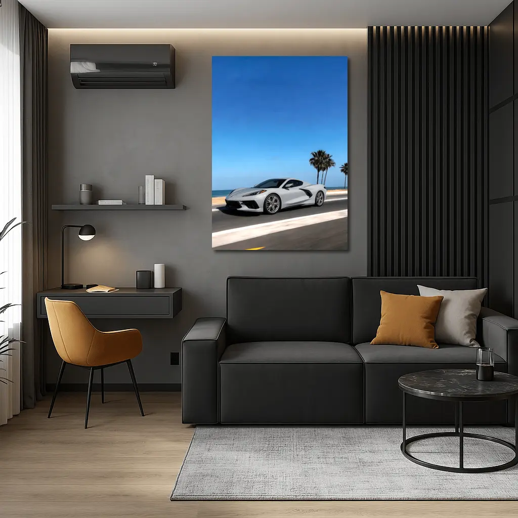 Chevrolet Corvette White Coastal Road Drive – Wall Art