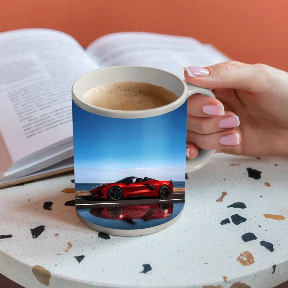 Red Chevrolet Corvette Coastal Road Side View – Mugs