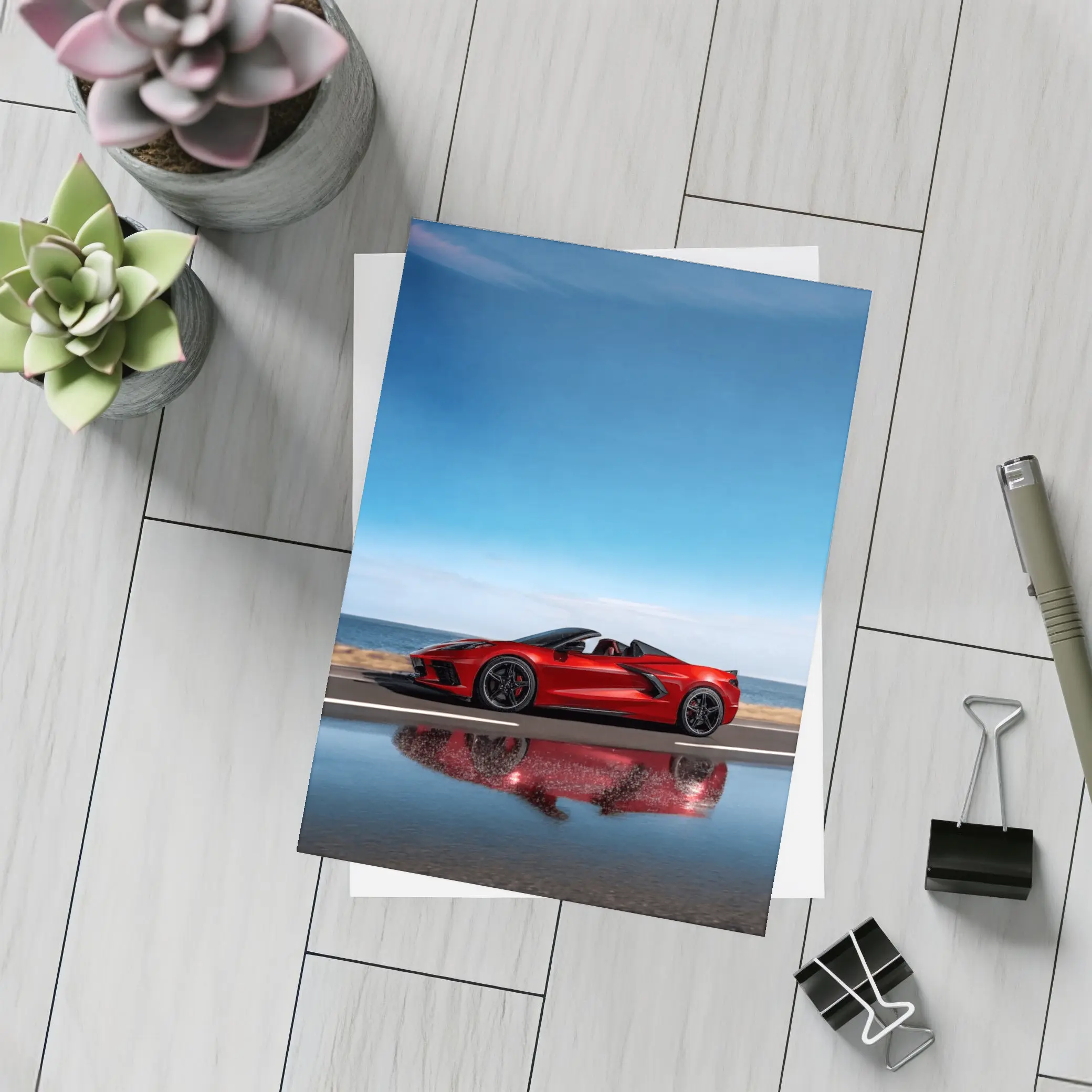 Red Chevrolet Corvette Coastal Road Side View – Postcards
