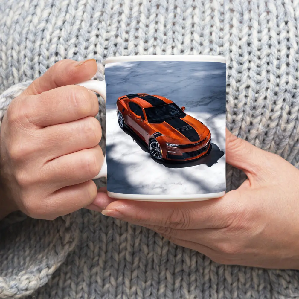 Chevrolet Camaro Orange on White Marble – Mugs