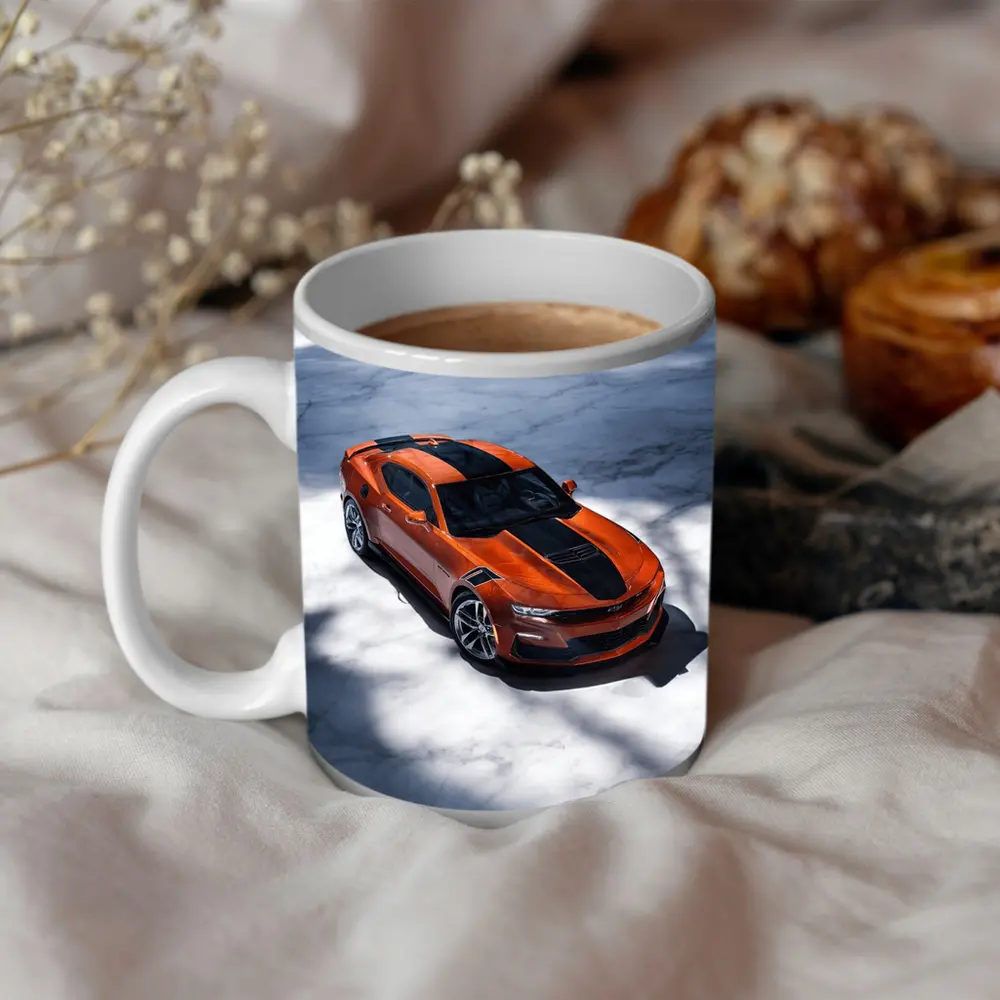 Chevrolet Camaro Orange on White Marble – Mugs