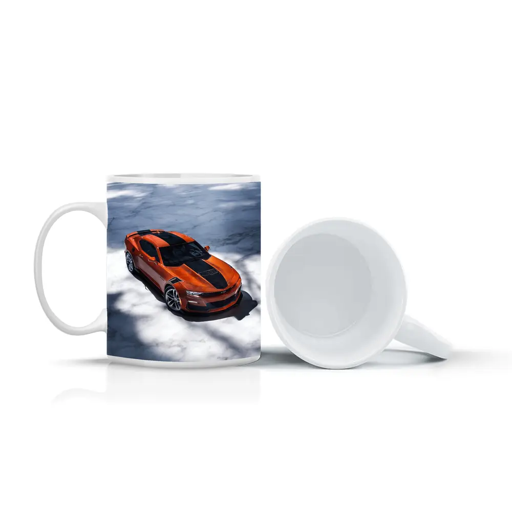 Chevrolet Camaro Orange on White Marble – Mugs