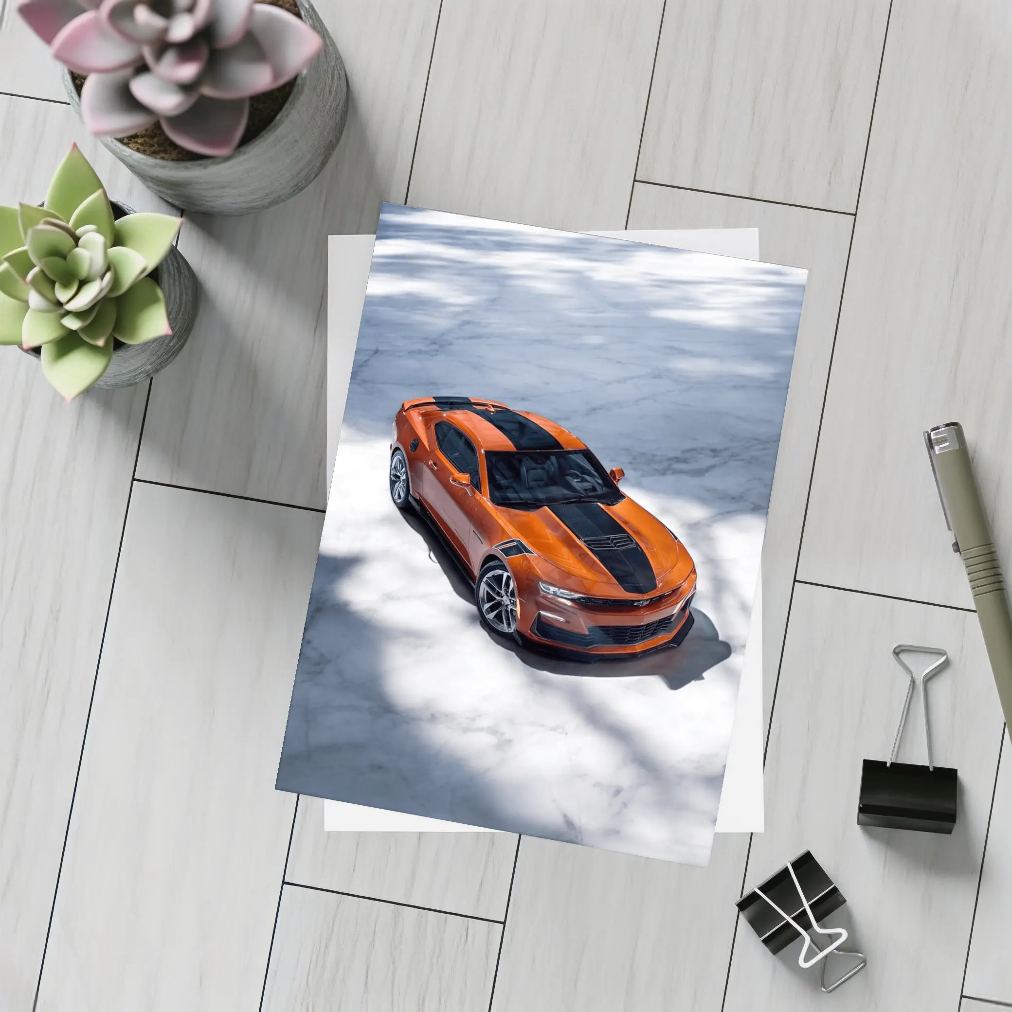 Chevrolet Camaro Orange on White Marble – Postcards