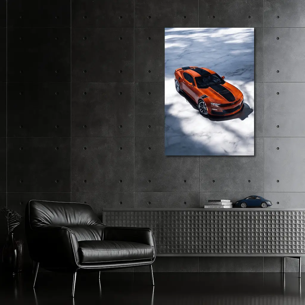 Chevrolet Camaro Orange on White Marble – Wall Art