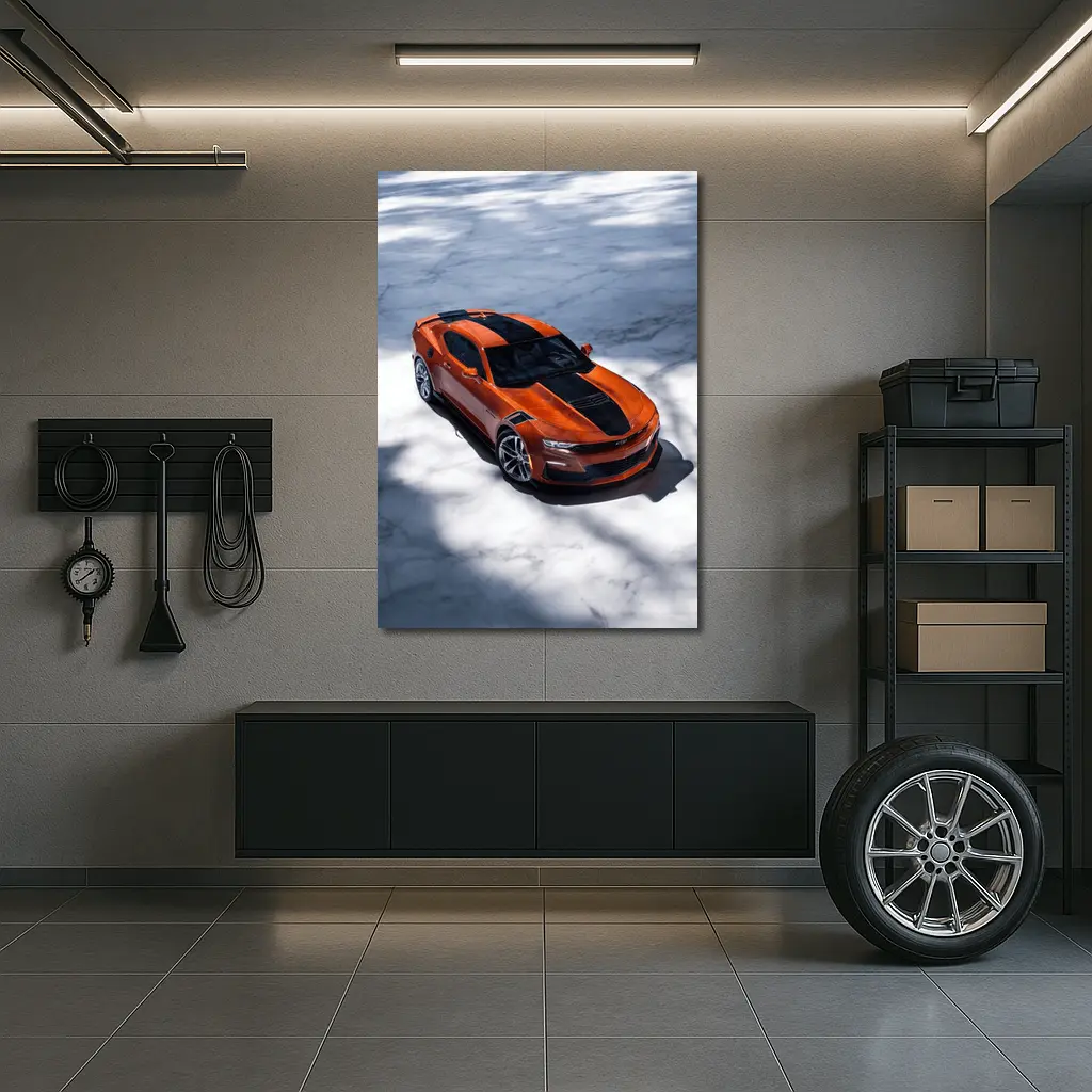 Chevrolet Camaro Orange on White Marble – Wall Art
