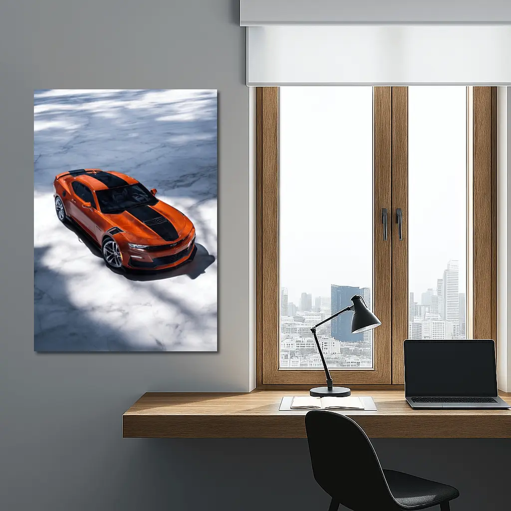 Chevrolet Camaro Orange on White Marble – Wall Art