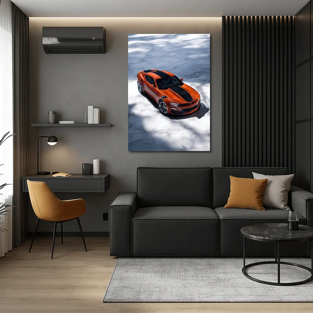 Chevrolet Camaro Orange on White Marble – Wall Art