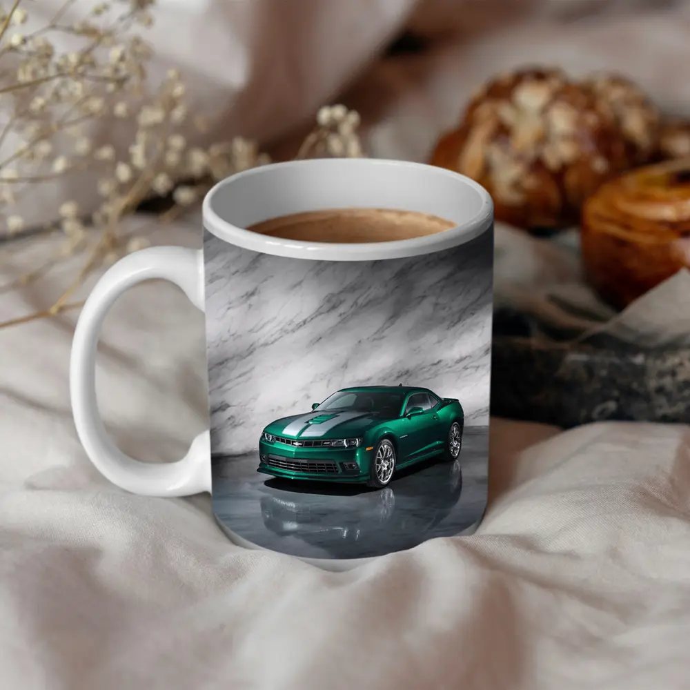 Chevrolet Camaro Green on Marble Background – Mugs