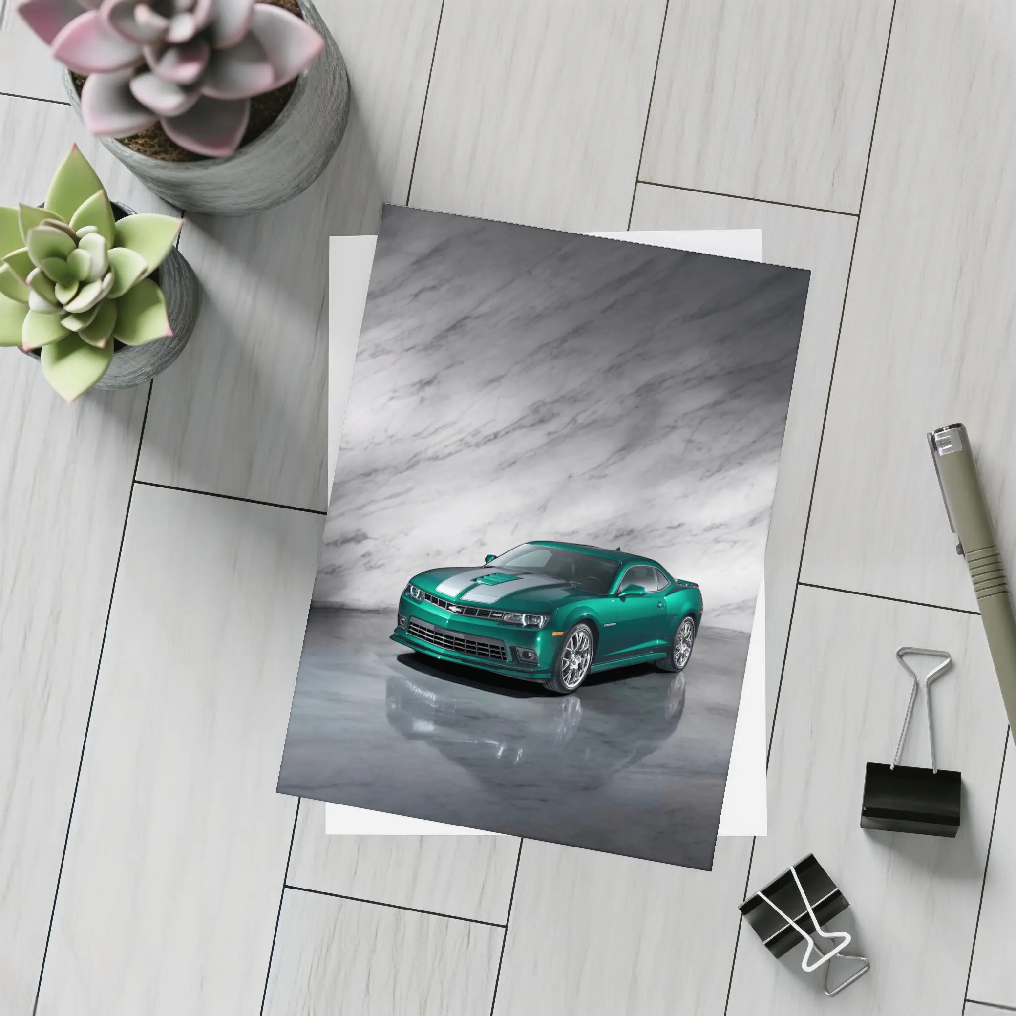 Chevrolet Camaro Green on Marble Background – Postcards