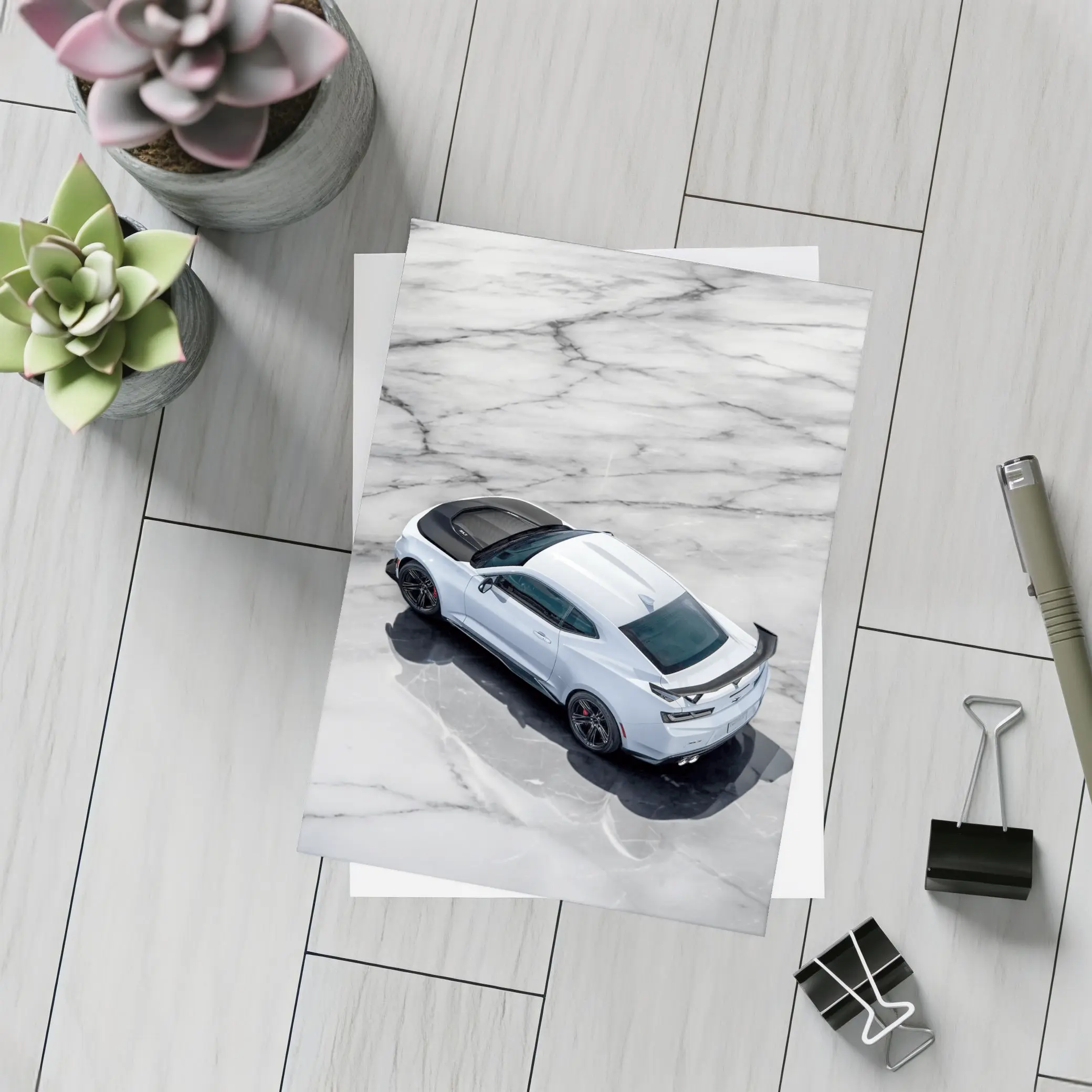 Chevrolet Camaro White on Marble Floor – Postcards
