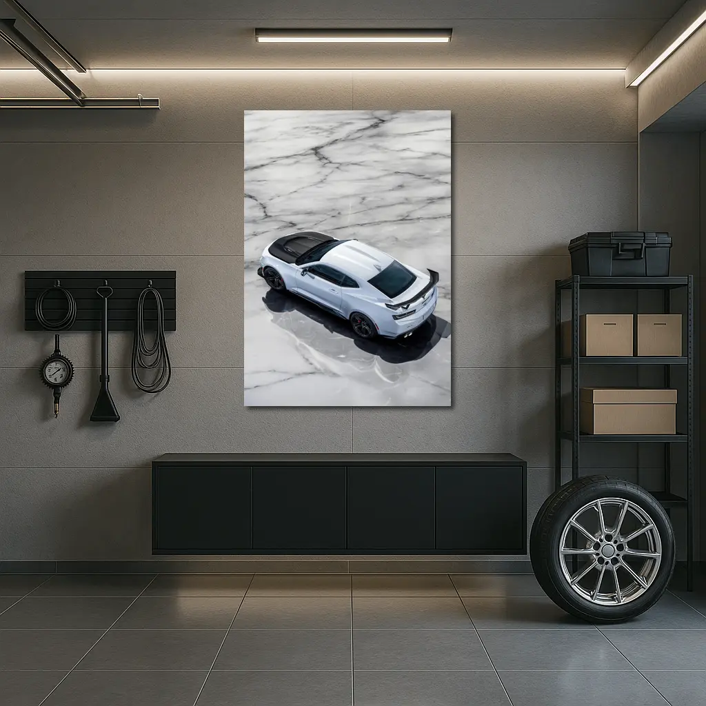 Chevrolet Camaro White on Marble Floor – Wall Art