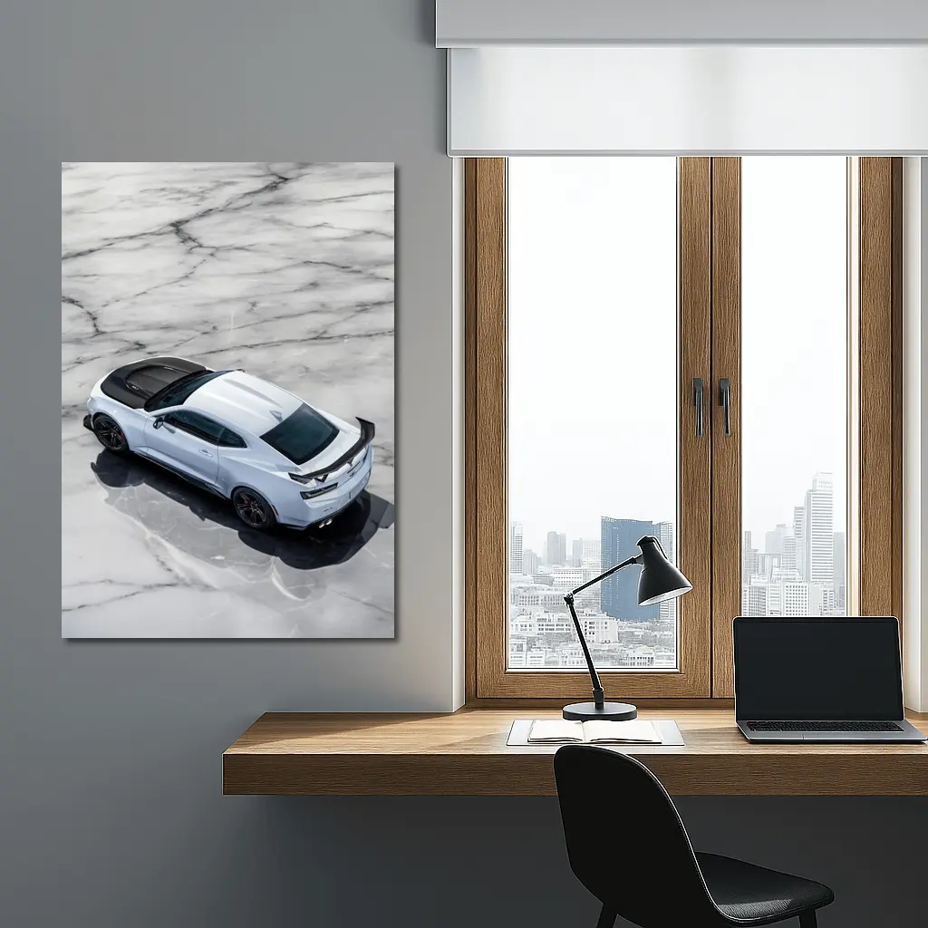 Chevrolet Camaro White on Marble Floor – Wall Art