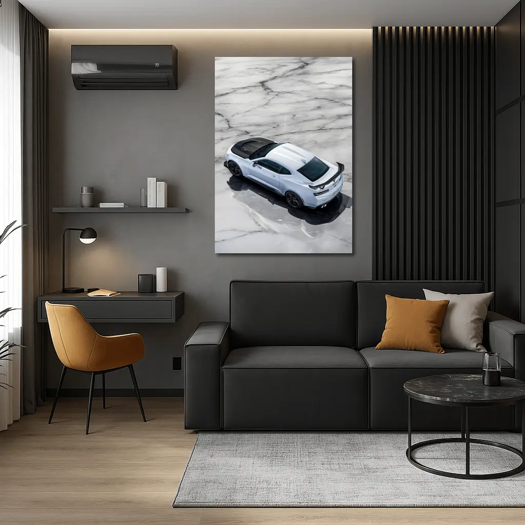 Chevrolet Camaro White on Marble Floor – Wall Art