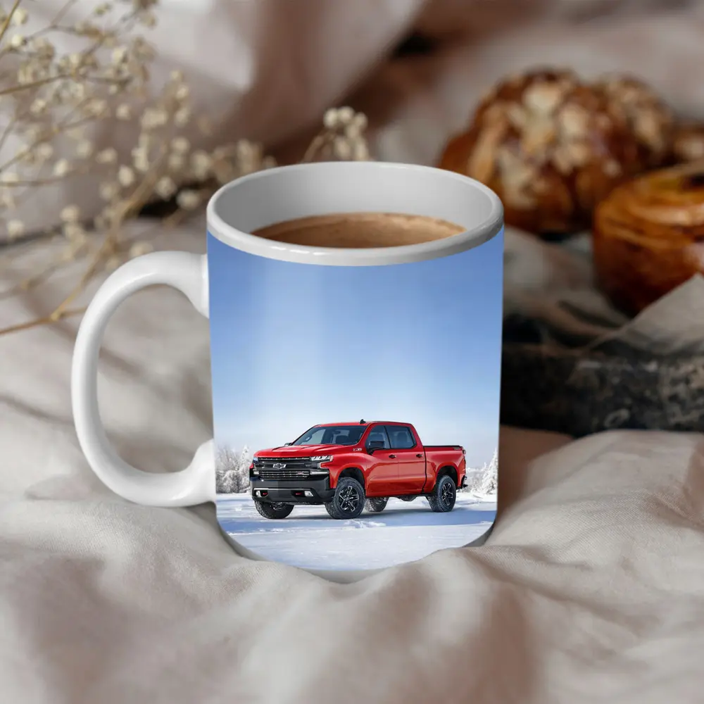 Chevrolet Silverado Red Truck Snowy Winter Landscape – Mugs