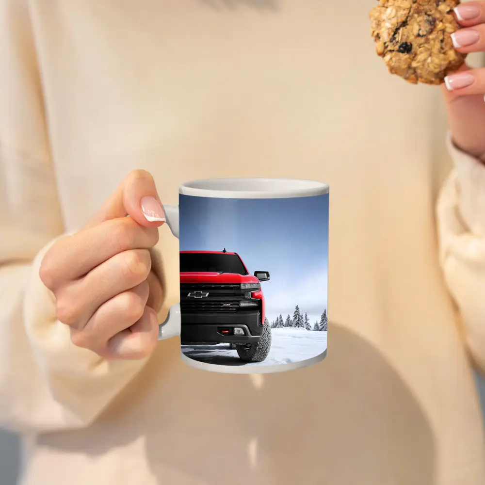 Chevrolet Silverado Red Truck Snowy Winter Landscape – Mugs