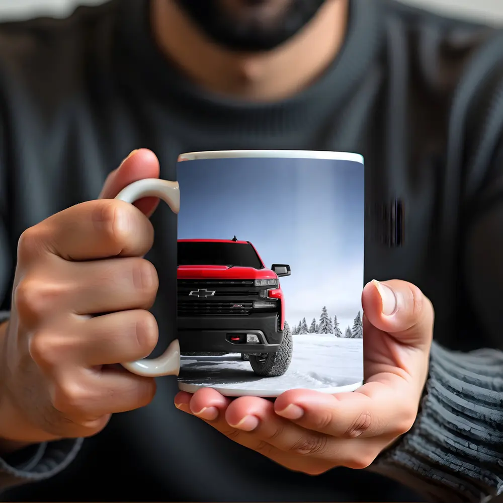 Chevrolet Silverado Red Truck Snowy Winter Landscape – Mugs