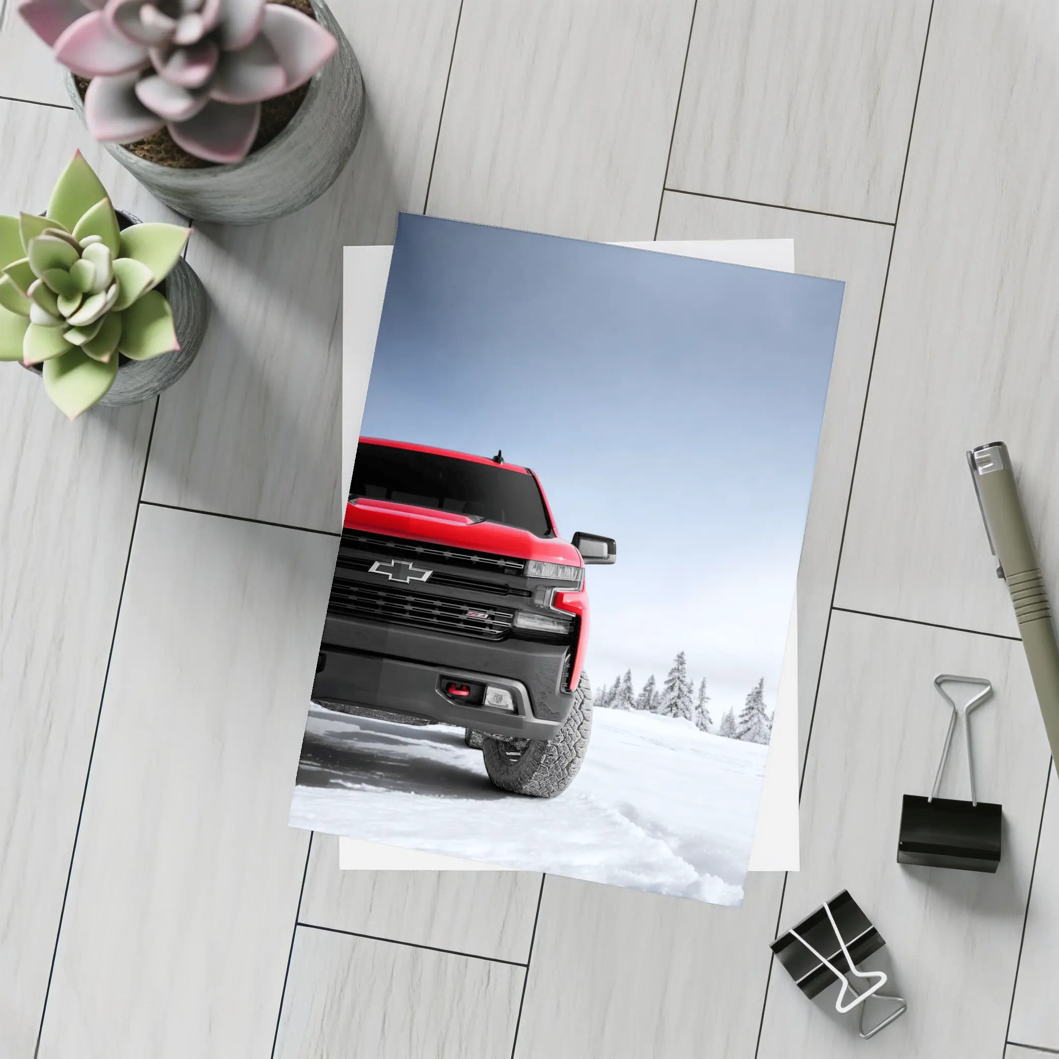 Chevrolet Silverado Red Truck Snowy Winter Landscape – Postcards
