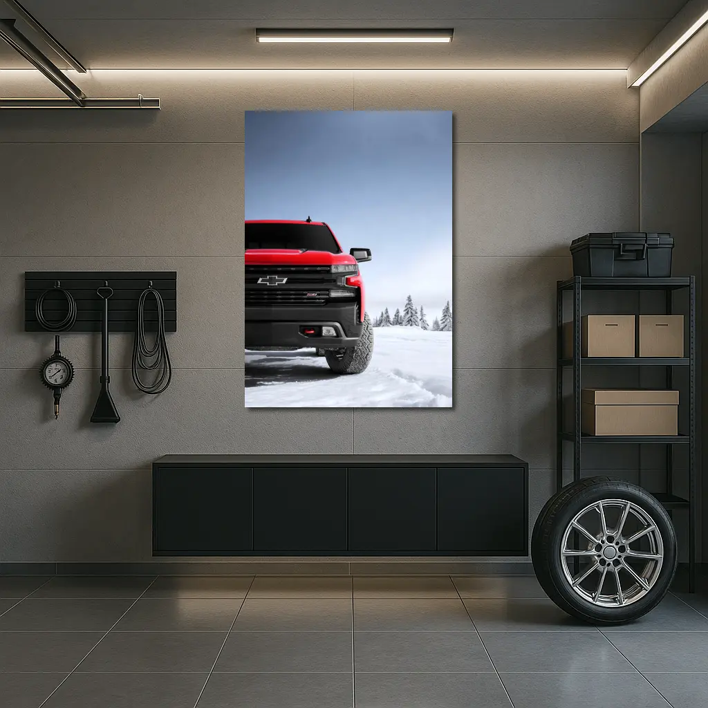 Chevrolet Silverado Red Truck Snowy Winter Landscape – Wall Art
